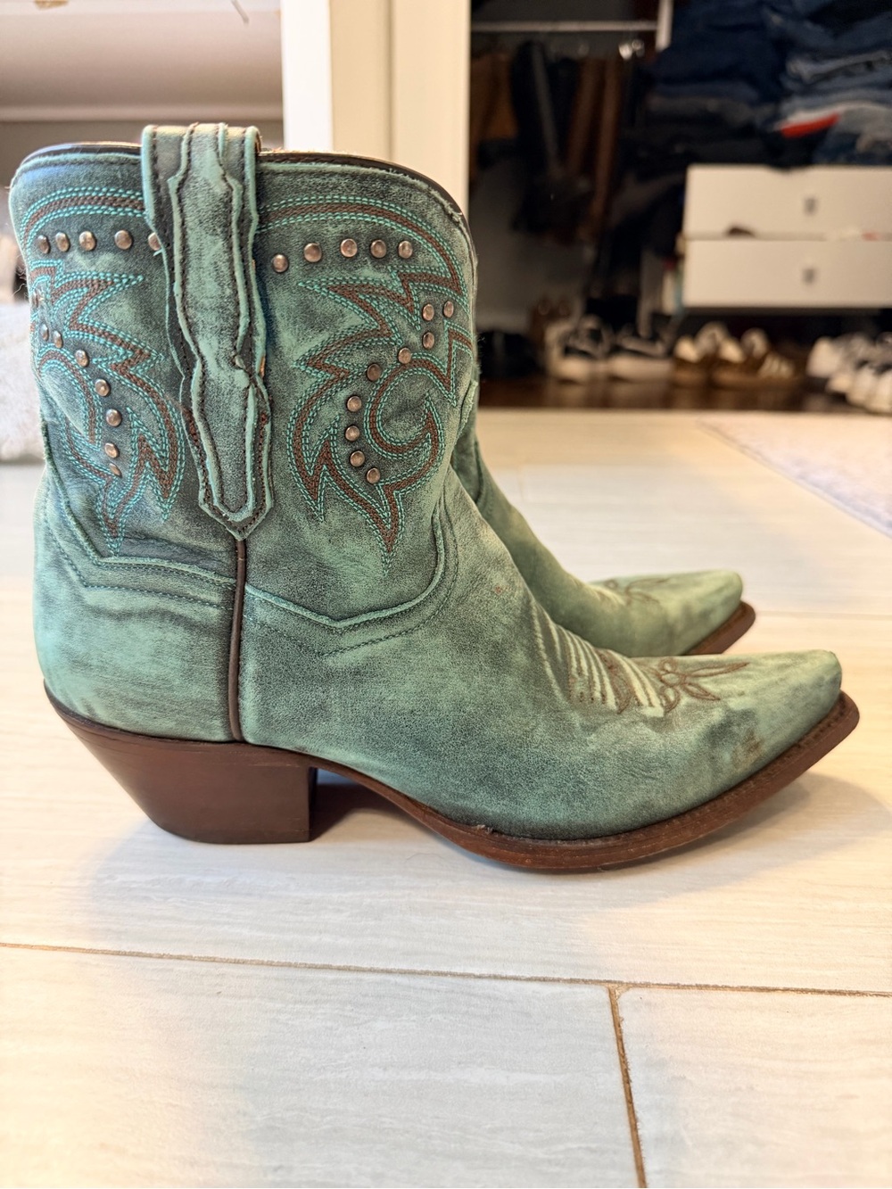 Women’s Teal Leather Embellished Dan Post Cowboy Ankle Boots